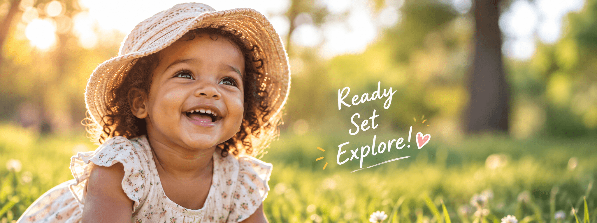A toddler in a sunhat smiling in a sunlit meadow