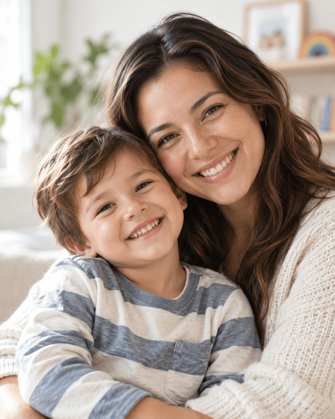 A mother and her young son smiling cheek to cheek
